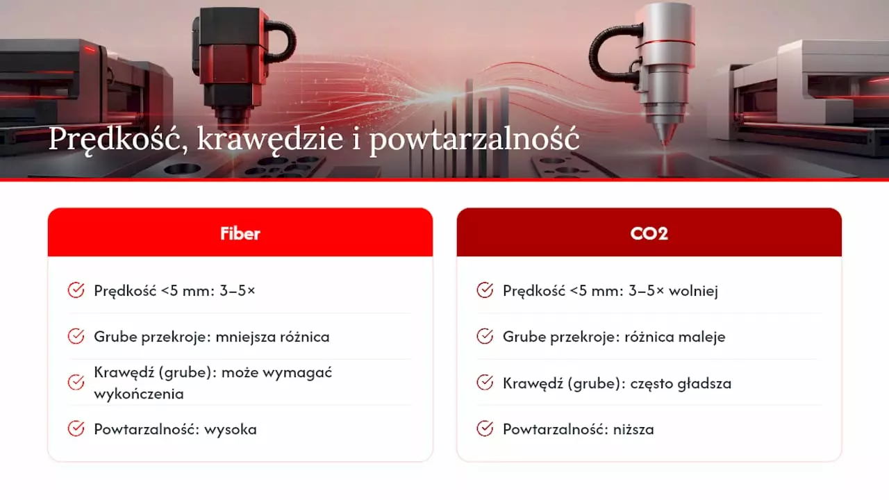 Schemat porównawczy cech cięcia laserem światłowodowym i CO2