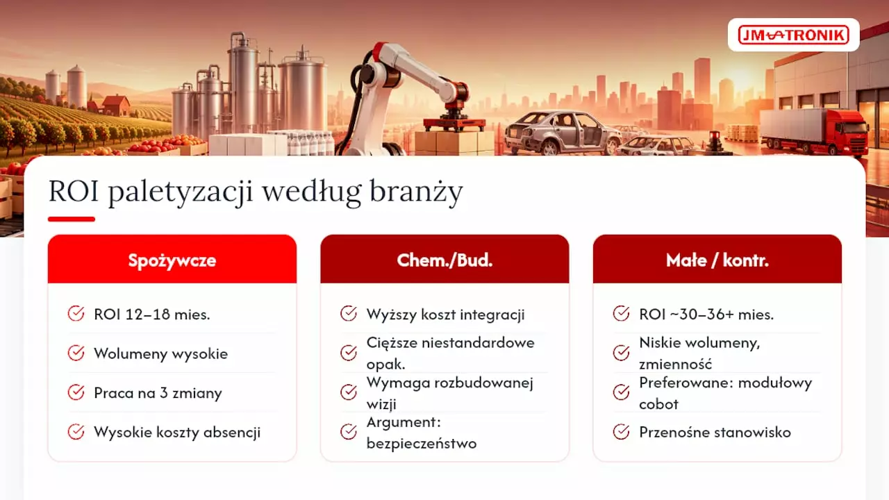 ROI paletyzacji: ile naprawdę zwraca się automatyzacja 3 Porównanie ROI paletyzacji ręcznej vs automatycznej w różnych branżach — overview diagram