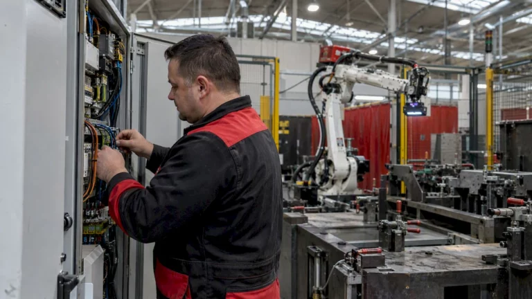 Technews 2 Technik zajmujący się modernizacją zrobotyzowanej komórki spawalniczej