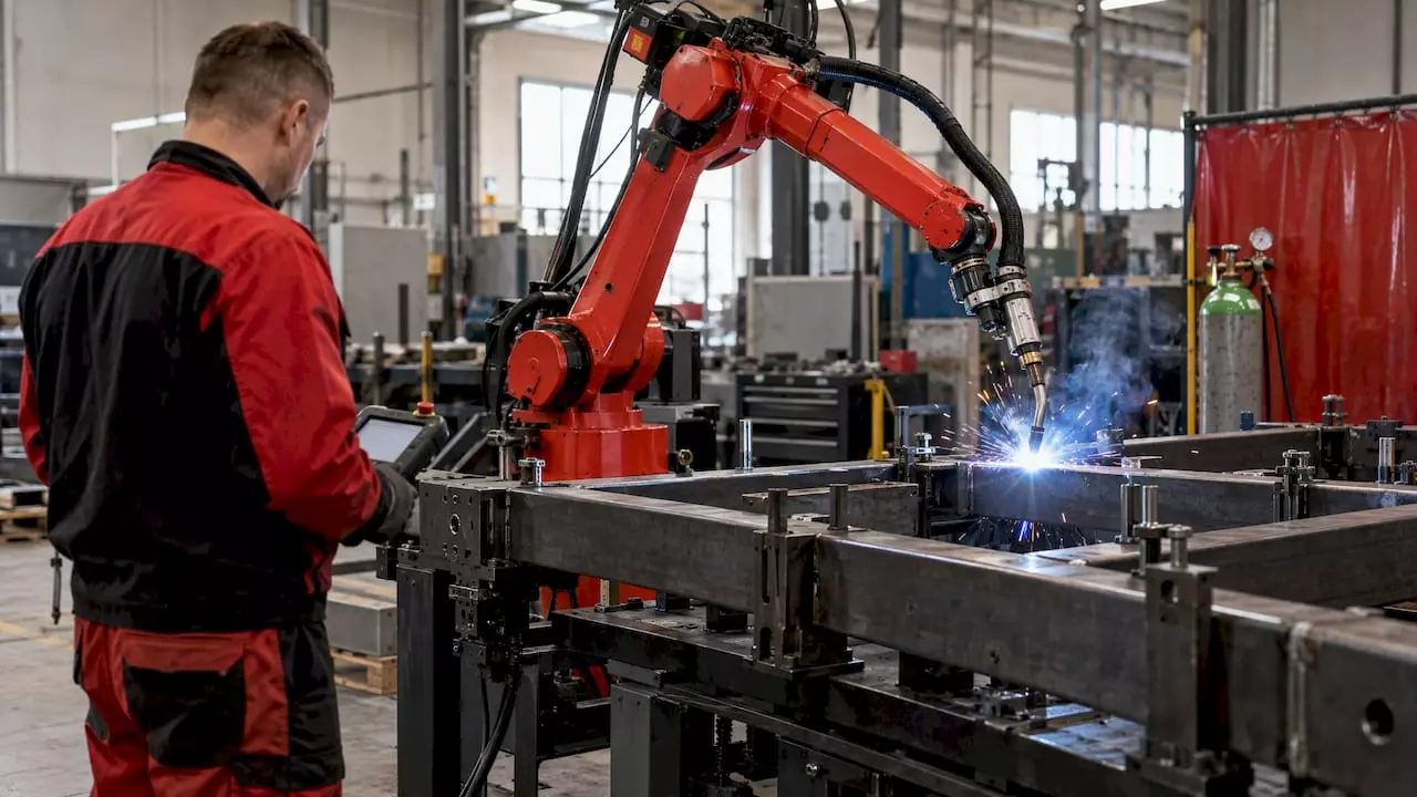 Przykłady robotyzacji spawania w praktyce przemysłowej 1 Robot spawa stalową ramę w fabryce
