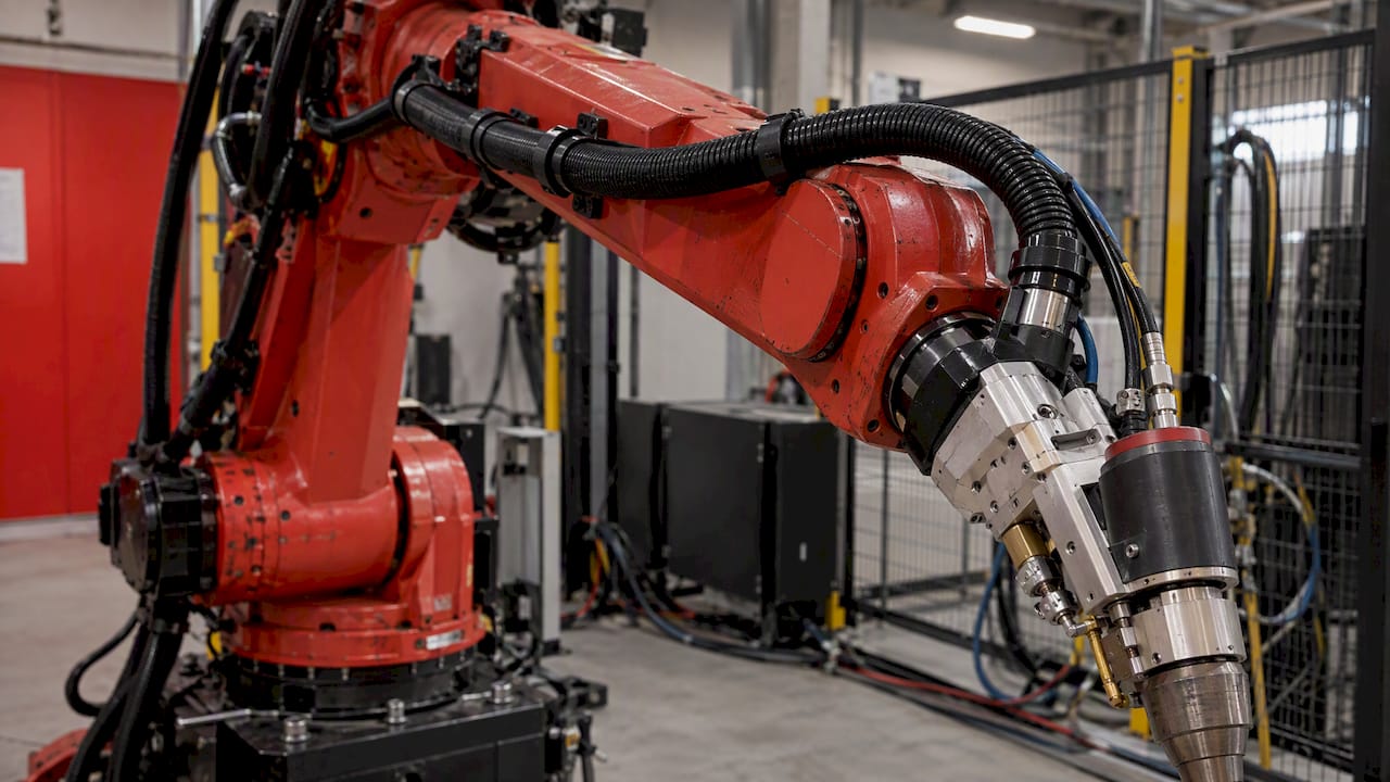 Integracja lasera z robotem: jak zbudować stanowisko, które działa 2 Światłowód poprowadzony wzdłuż ramienia robota
