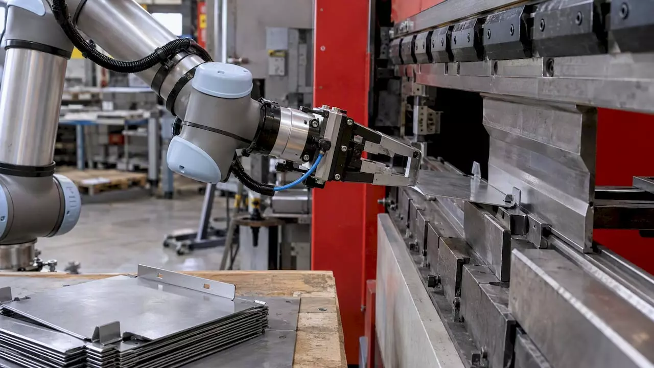 Dobór chwytaka do cobota: typy, obliczenia i testy przed startem 1 Robot współpracujący ustawia detal chwytakiem przy giętarce